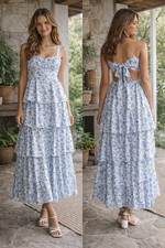 XS Women’s Blue & White Floral Tiered Maxi Dress – Spaghetti Straps pd 18z
