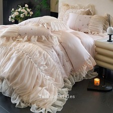 Bedding Set 4pcs Silk Cotton Embroidery Duvet Cover Bed Skirt 2 Pillowcases