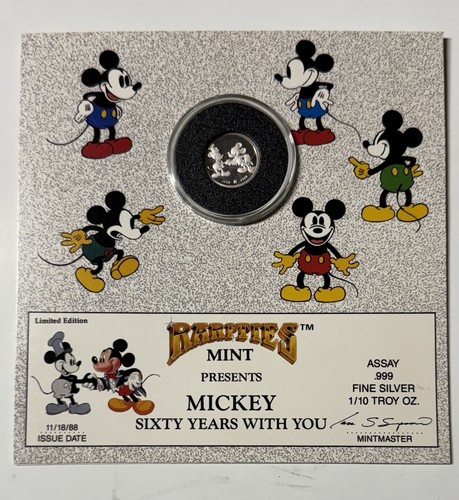 Rarities Mint Disney Mickey Mouse Sixty years .999 Silver Coin 1988 1/10 oz