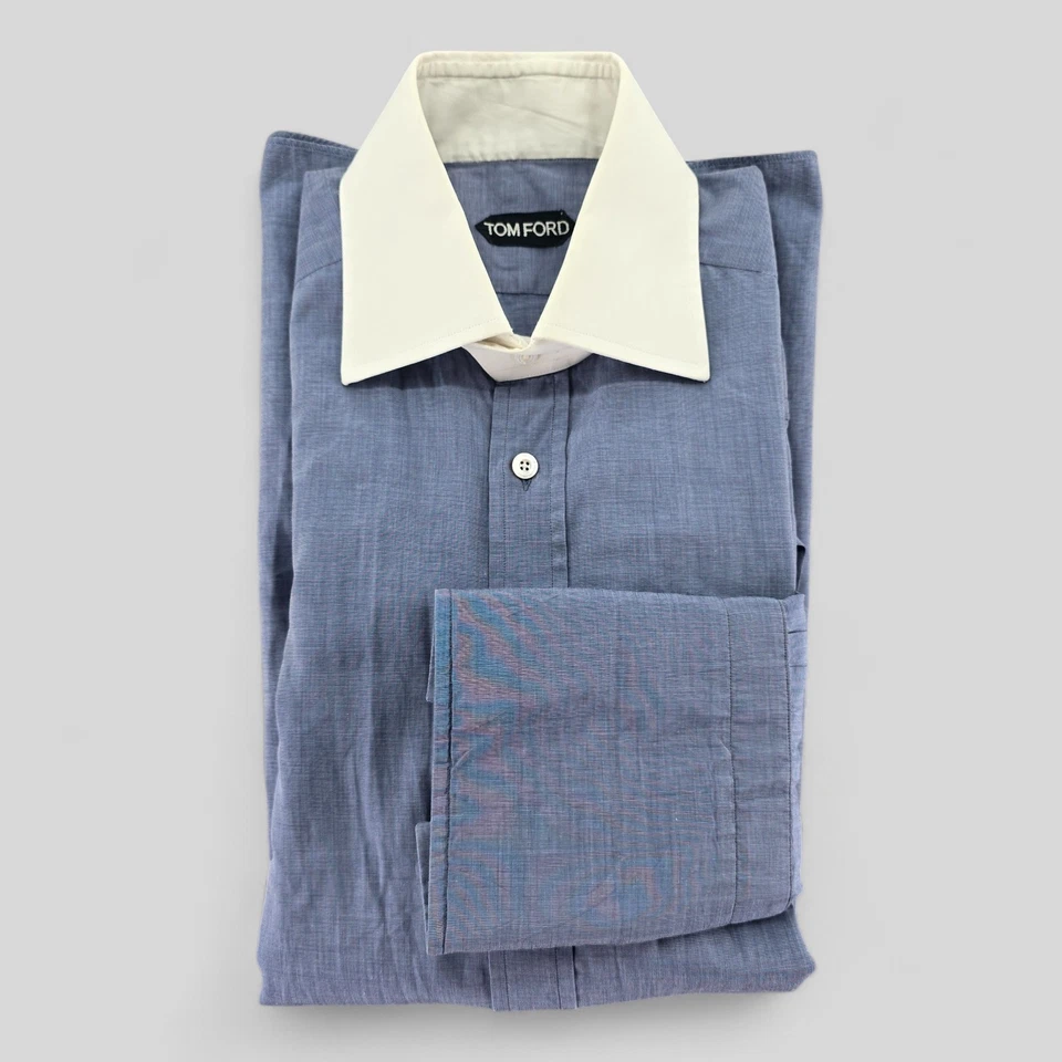 Camisa de Vestir TOM FORD Para Hombres 16.5/42 Azul Blanco Cuello Puño Francés Hecha en Italia Foto 3 de 4