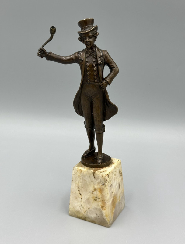 Antique Bronze Figure Dandy Top Hat Long Pipe Statue Biedermeier Marble Base