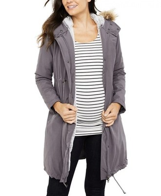 Seraphine Coat Womens Maternity Winter Parka Hooded Lined Fur Trim Size 2 Jacket