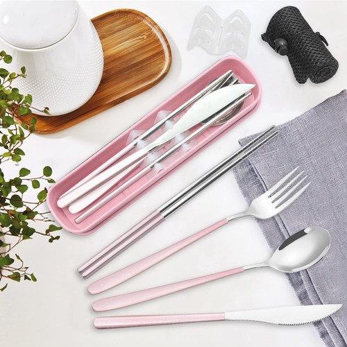 Tragbares Reiseutensilien Set Etui Rosa 18/8 Edelstahl Silberbesteck - Bild 6 von 7