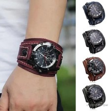 Wide Leather Watch Cuff Band Brown Wrist Black Strap Punk Retro Quartz Mens New
