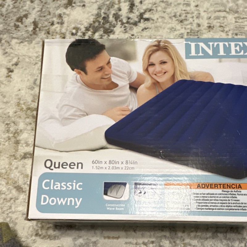 Intex Queen Classic Downy Inflatable Mattress Blue 60x80x8.75in Flocked Surface