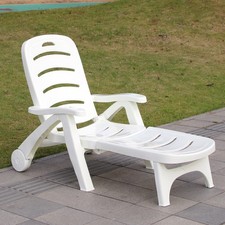 Folding Sun Lounger White Outdoor Recliner Chair Adjustable Backrest with Wheels