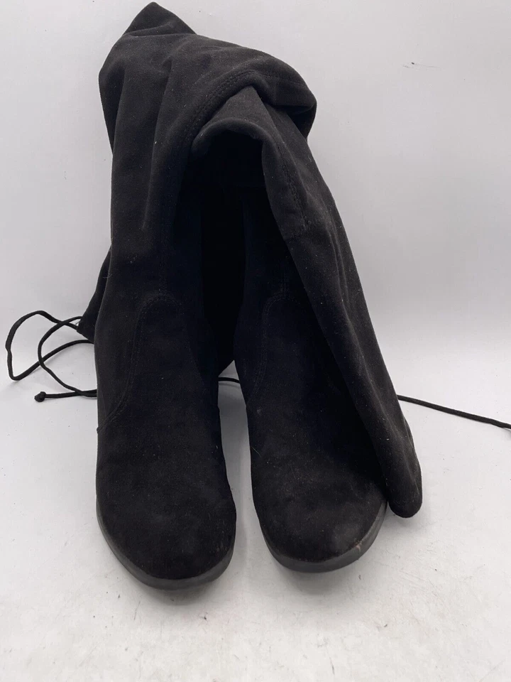 Bota Unisa Unjaydi Joelho Alto Feminina Tamanho 8.5 Couro Camurça Preto Bloco Salto Cadarços - Imagem 2 de 4