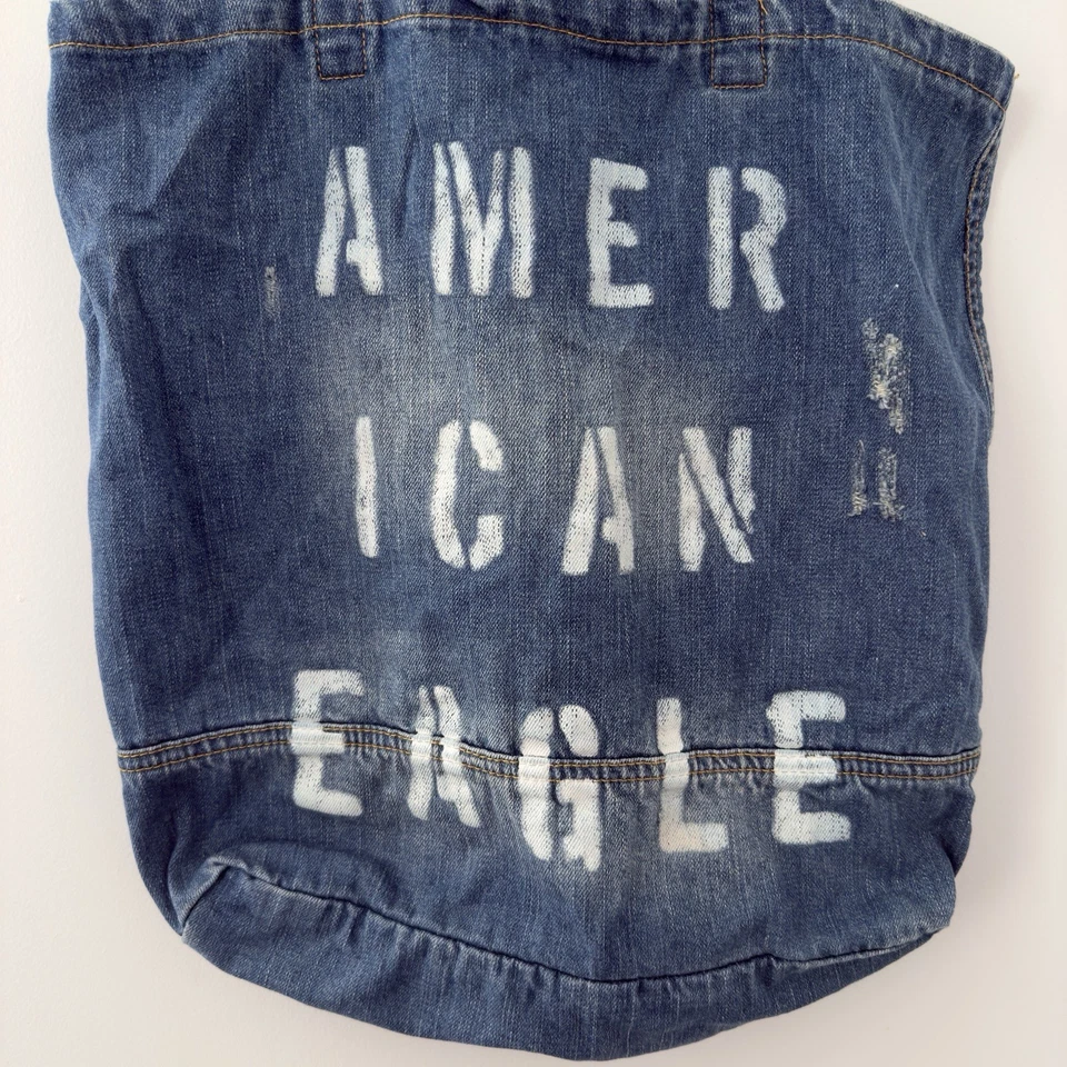 American Eagle AE Denim Distressed Tote Bag Logo Worn-In Look 100% Cotton Pocket - Image 2 of 4