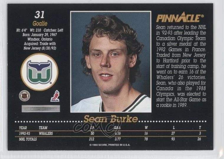 1993-94 Pinnacle Sean Burke #31 - Image 2 of 2