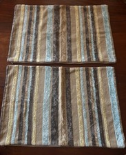 2 Vintage Teal Brown Stripe Rectangular Zipped Cushion Covers Velvety Style