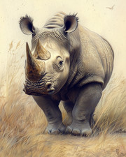 8x10 Baby Rhinoceros in Grassland Wildlife Art Print - 297715955