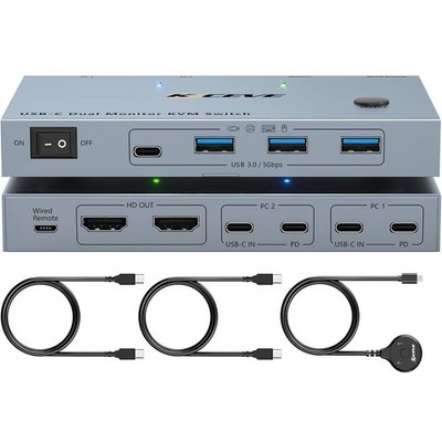 KCEVE USB-C Dual Monitor KVM Switch 2 Laptops 4K 60Hz Wired Remote USB 3.0