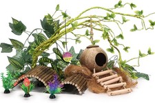 Crested Gecko Tank Accessories，Reptile Vines Plants with Coconut Shell green 