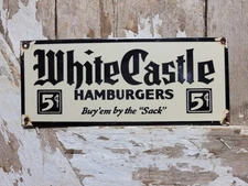 VINTAGE WHITE CASTLE PORCELAIN SIGN OLD FAST FOOD DRIVE IN DINER HAMBURGERS 5C