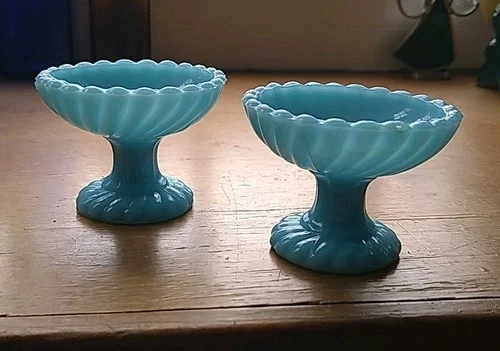 French Blue Milk Glass Pedestal Open Salt Cellars in Swirl Design c1910 Lot Of 2