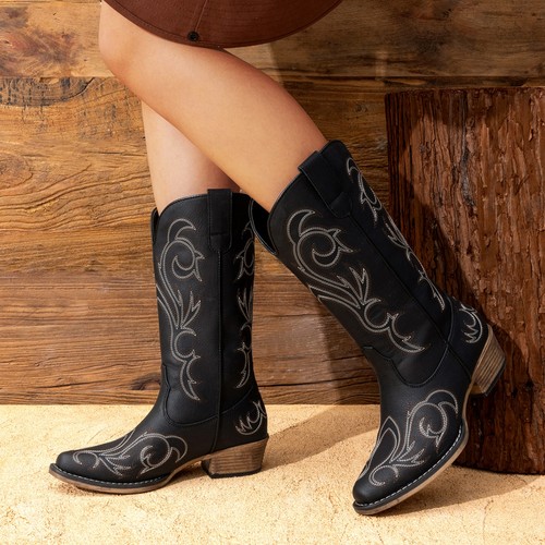 Damen Cowboy Cowgirl Westernstiefel eckige Zehenpartie halbhohe Stiefel zum Überziehen - Bild 11 von 28