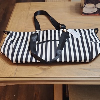 alice + olivia Black White Striped Duffle Bag Bag Charm Gold Hardware