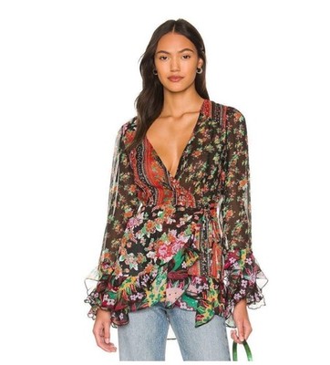 New Free People Magic Hour Wrap Top in Black Combo Size XS..
