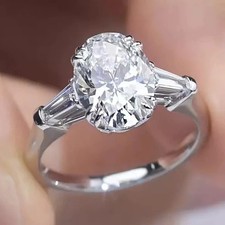 3CT Oval Cut Lab-Created Diamond Three Stone Ring 14K White Gold Plated Silver