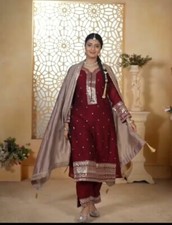 Classic Look Pure Heavy Chinnon Maroon Salwar Kameez  Dupatta For Wedding Wear