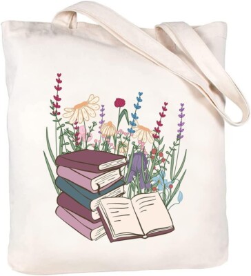Book Cute Canvas Tote Bag with Zipper Pockets Aesthetic Flower