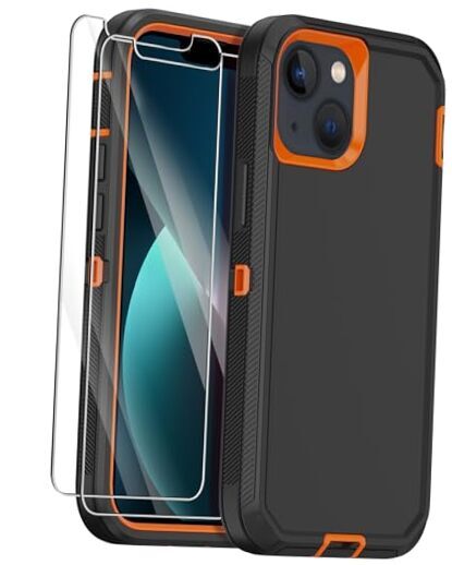 for iPhone 13 Case with 2 Screen Protector,Shockproof Drop Black Orange
