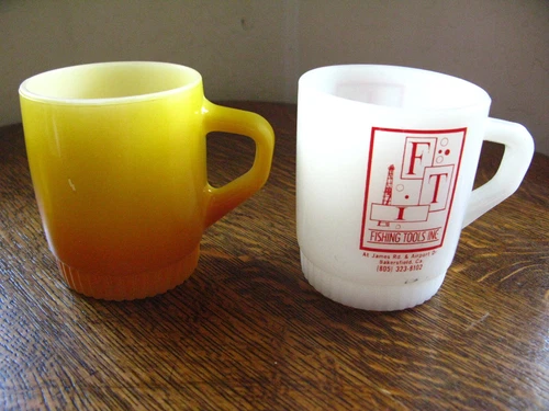 Vintage Fire King Coffee Cups Mugs x2 Yellow Ochre White w Advertising Ribbed US
