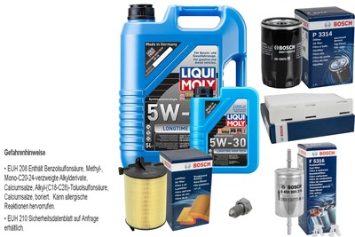BOSCH Inspektionspaket 6L Liqui Moly Longtime High Tech 5W-30 für VW Golf Plus