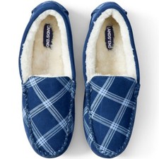 Lands' End Womens Suede Moc Slipper Ivory/Navy Founders Plaid Size 11M MSRP 65