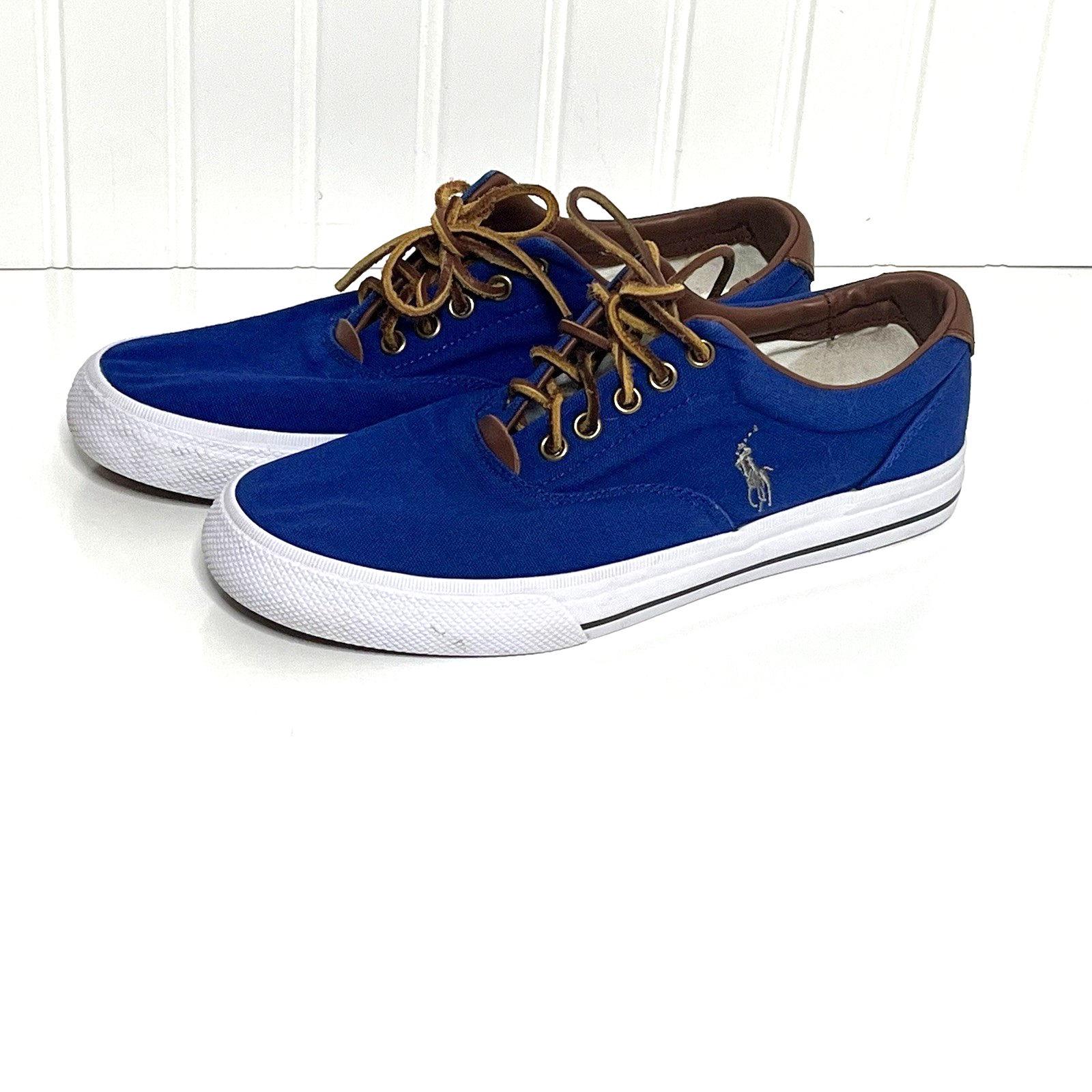 POLO Ralph Lauren Vaughn tela pelle blu scarpe argento pony logo casual 9