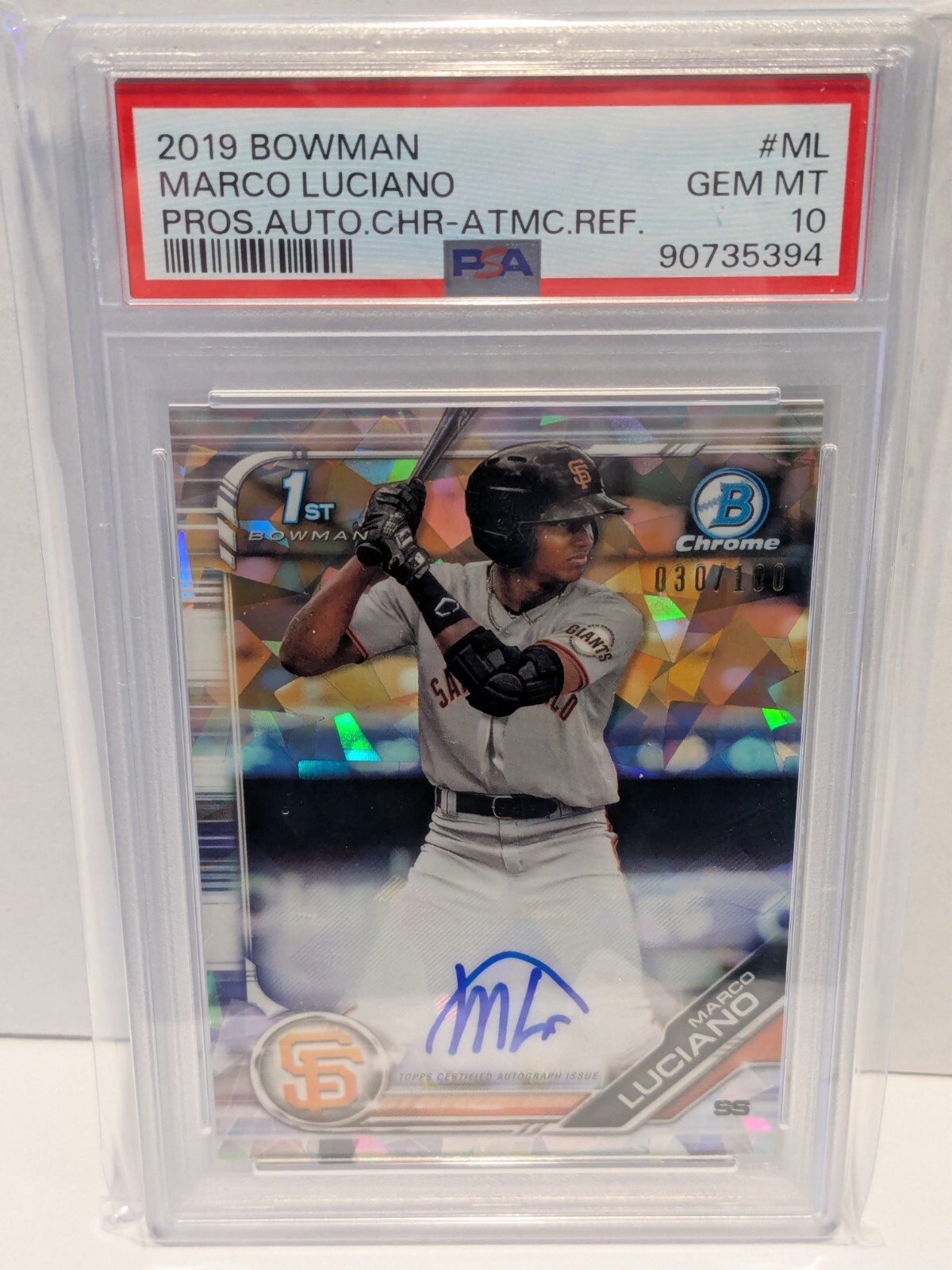 2019 Bowman Chrome 1st ATOMIC AUTO Marco Luciano #'d 030/100 - PSA 10 - GEM!