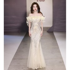 Luxury Womens Fish Tail Evening Dress 2025 One Shoulder Host Glitter Toast Dress