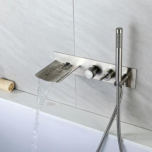 Wall Mount Brushed Nickel Waterfall Bathtub Filler Mixer Faucet Hand Shower Tap - Picture 5 of 6