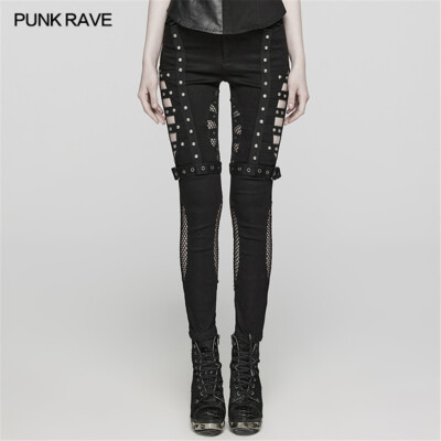 Punk Rave Mesh Splicing Asymmetrical Hollow Pants Layered Design Stretch  Jeans
