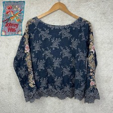 Johnny Was Womens Maude Rayon Floral Embroidered Lace Gray Boho C11420 Blouse XL