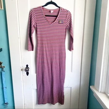 Juicy by Juicy Couture Knit Rainbow Striped Ribbed Midi Dress Side Slit Bodycon