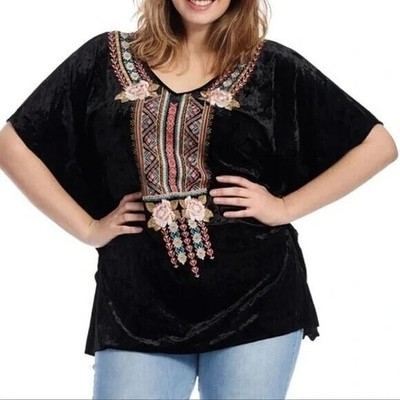Crushed Velvet Floral Embroidered Blouse Women's Small Andree Tunic Top Witchy