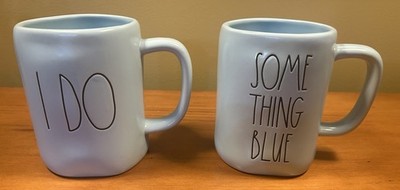 Rae Dunn Ceramic Blue Wedding Mugs I DO and SOMETHING BLUE 4.75 H