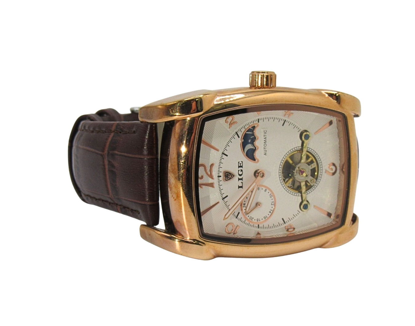 LIGE Rectangle Automatic Moon Phase Brown Leather… - image 4