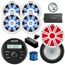 Kicker KMC2 Marine BT Radio, 4x 6.5" LED Speaker,Amp w/Kit, LED Sub, Remote,Wire