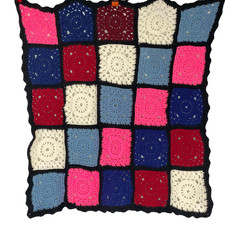 Vintage 1980s small granny square afghan red blue pink baby pet lap crib blanket