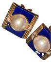 Vintage 1980s 14K Gold Mabe Pearl & Lapis Lazuli Geometric Omega Back Earrings — photo 9