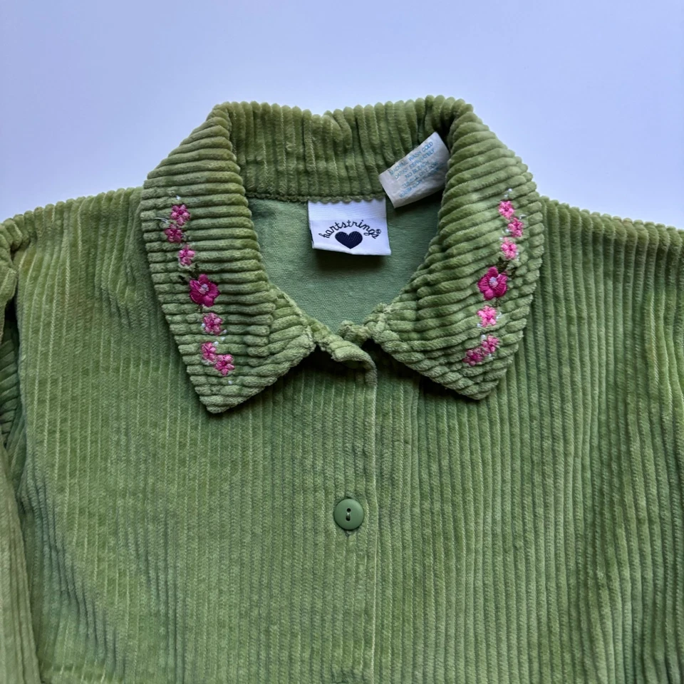 Hartstrings Girls Corduroy Green Dress Sz 5 Embroidered Button Up Long Sleeve - Image 3 of 4