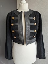 Vintage Damen Leder Wildleder Selten Military Cropped Schwarz Jacke UK Gr&ouml;&szlig;e S