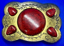 Red Faux Turquoise Stone Centerpiece in Gold Color Southwestern Belt Buckle