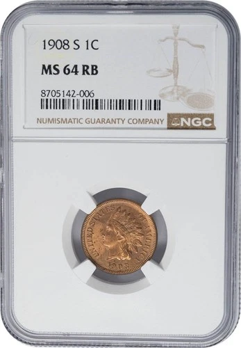 1908-S Indian Head Cent 1c MS64 RB NGC 950747-1