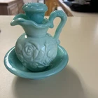 Avon Jadeite Green Swirl Milk Glass Rose Mini Bowl and Pitcher Set Vintage 1970
