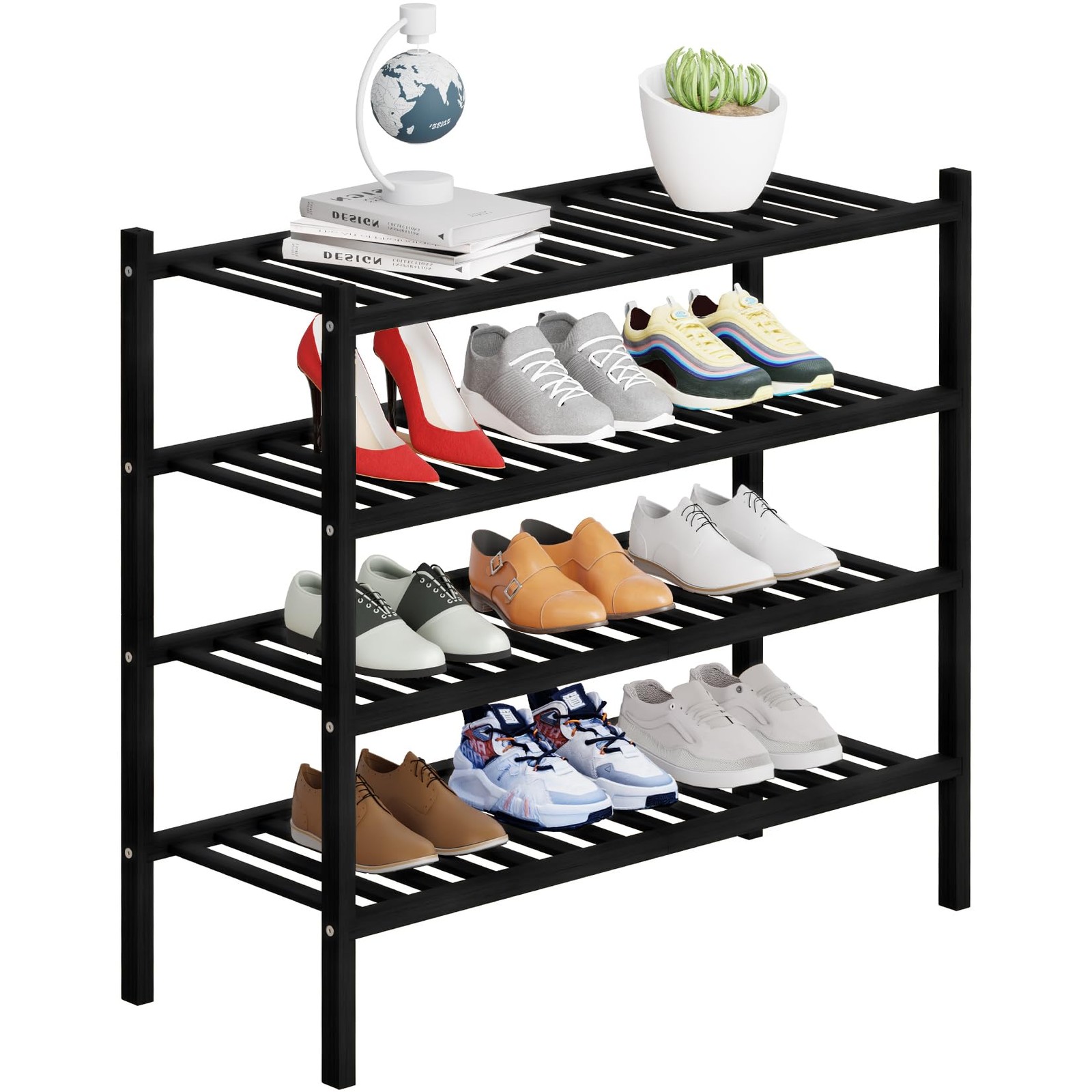 4 Tier Bamboo Shoe Rack Storage Organizer for Closet, Multifunctional Stackab...