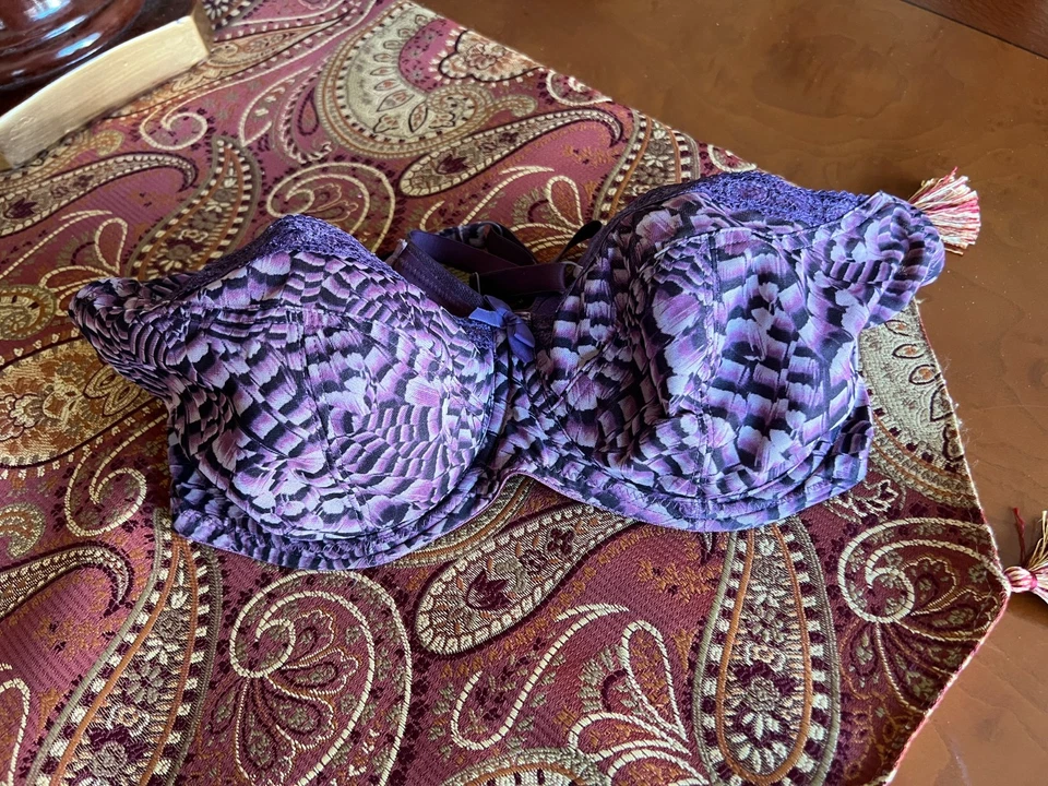 Cleo by Panache Sasha 6491 Balconette Violet Feather Print Bra Bow 36E - Image 2 of 4