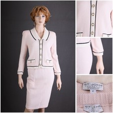 St. John COLLECTION TEXTURED KNIT 2pc SUIT,JACKET SKIRT,SIZE 6,PINK/WHITE,CHIC